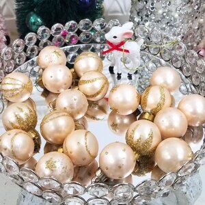 19 Vtg Miniature Glass Feather Tree Christmas Ornament Balls Stenciled Gold Glit